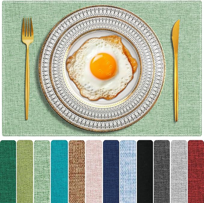 Cloth Placemats Set of 6, Cotton Linen Blend Place Mats, Light Green | Machine Washable, Double Layered, Heat Resistant, Fabric Dining Table Mats for Kitchen, Indoor & Outdoor, 13" x 19"