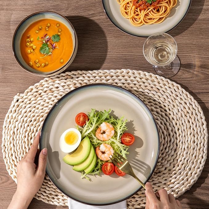 GBHOME Dinnerware Sets for 8, 32 Pieces Ceramic Plates and Bowls Set | Scratch Resistant Stoneware Dishes Set, Dishwasher & Microwave Safe, Reactive Glaze-Pale Khaki