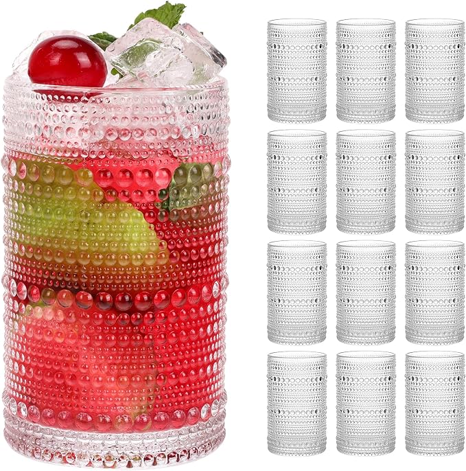 Moretoes Large 15oz Hobnail Drinking Glass Set of 12 | Clear Vintage Glassware,Embossed Glass Cups,Water Tumbler,Highball Glasses For Beer, Juice And Various Mixed Drinks