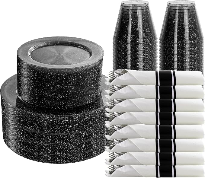 DaYammi 210PCS Black Glitter Plastic Dinnerware Set for 30 Guests, Fancy Disposable Plates for Party, Include: 30 Dinner Plates, 30 Dessert Plates, 30 Pre Rolled Napkins and 30 Cups