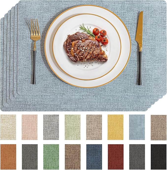Romanstile Vinyl Placemats Set of 6-12 X 17 Inch - Faux Leather 100% Waterproof Wipeable Anti Slip Place Mats, Heat Resistant Reversible PU Table Mats for Kitchen Dining Party Outdoor, Sky Blue