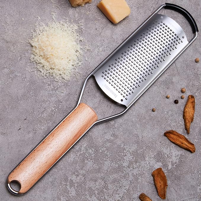 Tomorotec Stainless Steel Cheese Grater w/Wood Handle for Parmesan Cheese | Cheese Grater Zester for Lemon, Ginger, Cheese, Potato, Natural Wood Handle with Non-Slip Rubber Foot, 304 Stainless Steel