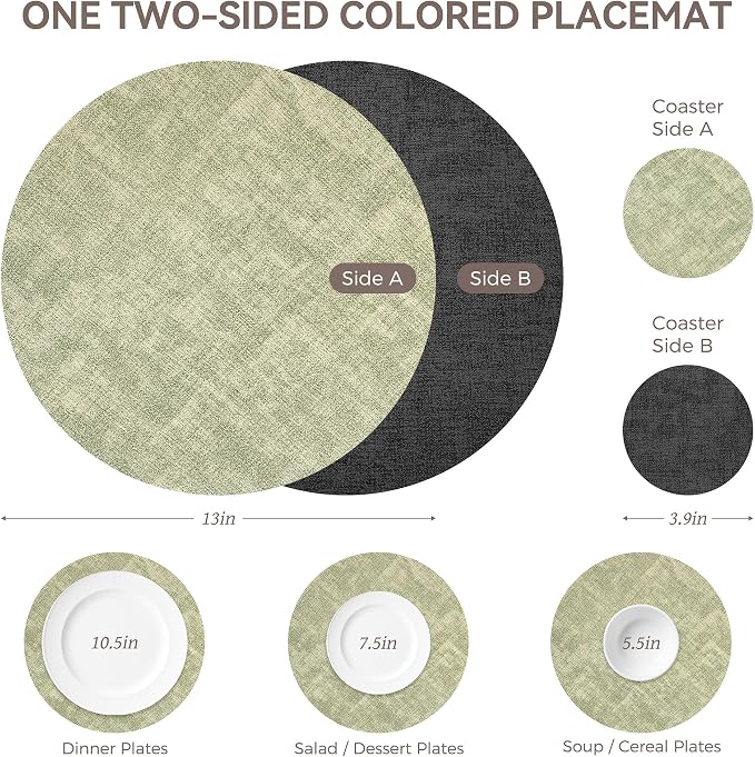 NCUE 13" Faux Leather Round Placemats Set of 4, Reversible Dual-Color | With 3.9" Coasters, 2 mm Vinyl Table Mats, Waterproof Wipeable Heat Resistant, Non-Slip Texture, for Dinner Party Home Decor