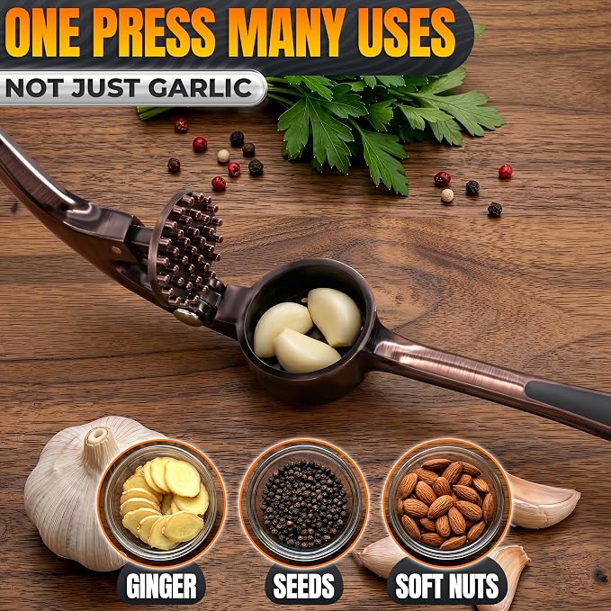 Stainless Steel Garlic Press Set, Peeler & Cleaning Brush, Copper | Ginger Mincer with 37 Built-In Studs for Maximum Extraction, Garlic Crusher for Ginger and Soft Nuts, Ergonomic Handle
