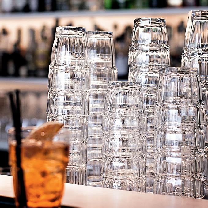 Bormioli Rocco Rock Bar Stackable Beverage, Set Of 6 Dishwasher Safe Drinking Glasses For Soda, Juice, Milk, Coke, Beer, Spirits – 12.5oz Durable Tempered Glass Water Tumblers For Daily Use