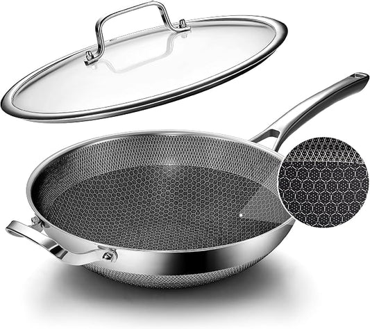 Wok Pan,13 Inch Hybrid Wok with Lid | Frying Pan Cookware, Stainless Steel Woks & Stir-fry pans Nonstick, Dishwasher Safe, PFOA Free, Compatible with All Cooktops