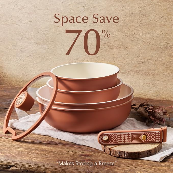 CAROTE 21pcs Ceramic Cookware Set, Pots and Pans Set with Detachable Handle | Non-Stick, Non-Toxic, PFAS&PFOA Free, Induction Compatible, Dishwasher & Oven Safe, Space Saving, Camping Cooking, Terracotta