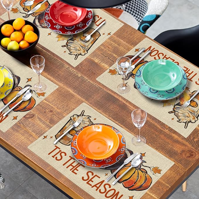 Fall Football Placemats Set of 4 18x12 Inch Autumn Rugby Pumpkins Leaves Linen Place Mats Heat-Resistant Washable Wipeable Tis The Season Table Mat for Party Kitchen Dining Room Dinner Table Decor
