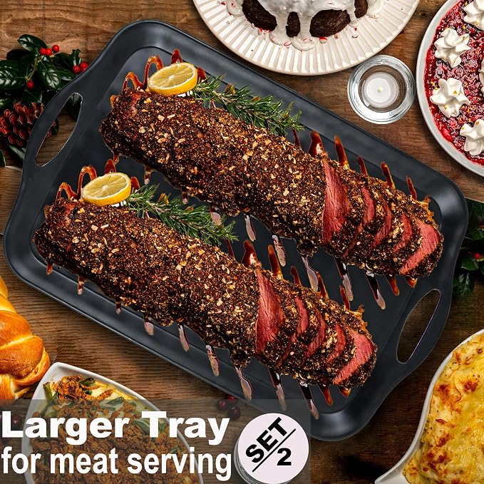 ECOIOU 20x13 inch Extra Large Serving Tray with Handles, Set of 2, Black | Melamine Platters for Serving Food, Turkey, Cookie, Rectangular Trays for Eating, Raised Dots Matt Finished, Dishwasher Safe