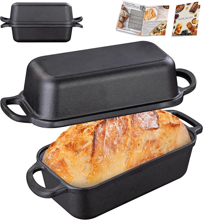 GRMImosa Cast Iron Loaf Pan with Lid, Pre-Seasoned 9x5" Sourdough Pan | Cast Iron Loaf Pan with Lid, Heavy-duty 9x5 Inch Baking Pan for Sourdough Bread, 2-in-1 Design, Even Heat Distribution, Black