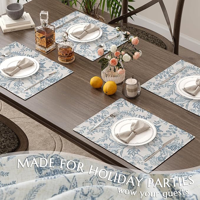 JINCHAN Linen Floral Placemats Set of 4 Farmhouse 13x19 Inch Blue | Fabric Placemats, Cottage Style, Vintage Botanical Pattern, Machine Washable, Easy to Store, Reusable