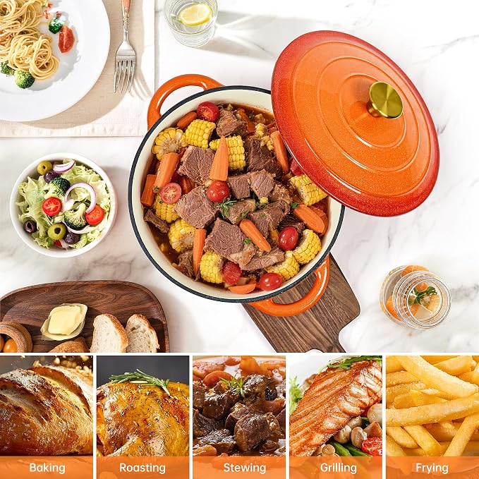 5 QT Enameled Cast Iron Dutch Oven Pot with Lid & Gold Powder | Dutch Oven for Sourdough Bread Baking, Braising, Stews, Roasting, Oven Safe up to 500° F, Orange Kitchen Cookware with Handls