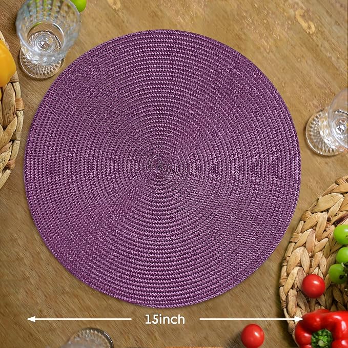 FunWheat Round Braided Placemats Set of 4 Table Mats for Dining Tables Woven Washable Non-Slip Place mats 15 inch(Purple,4pcs)