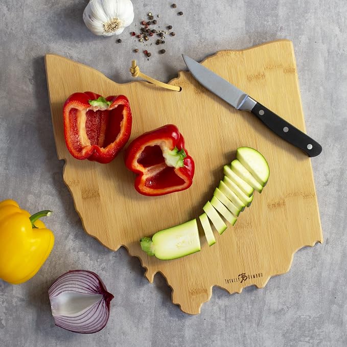 Totally Bamboo Ohio State Shaped Cutting Board, Art by Fish Kiss | State charcuterie board with colorful hand-drawn map artwork. Smooth reverse side for food prep. Hang tie for wall display.