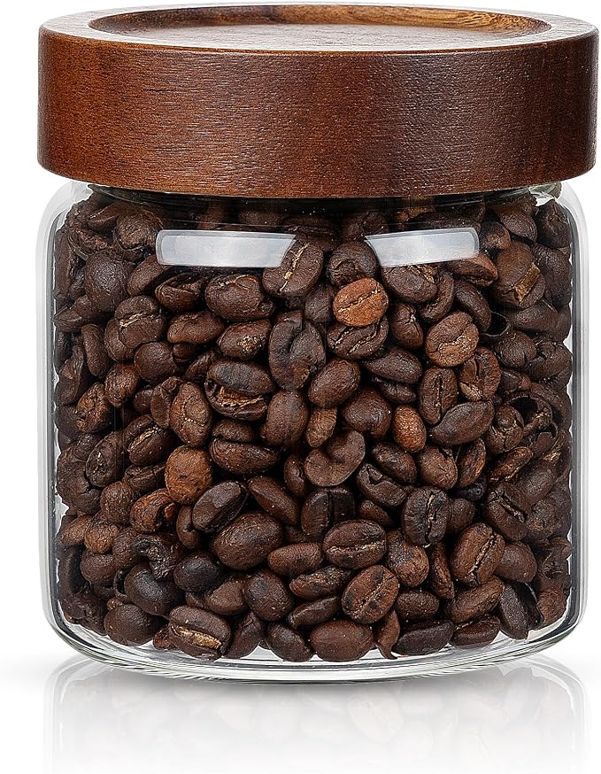 1PC Small Glass Storage Jars with Airtight Lids, 18 fl oz (550ml) coffee container with Wooden Lid, Glass Pantry Canister for Beans, Rice, Sugar and etc