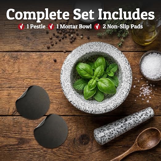 Heavy Duty Large 4 Cup Mortar and Pestle Set, 100% Natural Granite, 7 Inch Diameter Bowl, 7.2 Inch Pestle, Non-Slip Base, Stone Grinder for Guacamole Salsa Pesto Herbs Spices, White