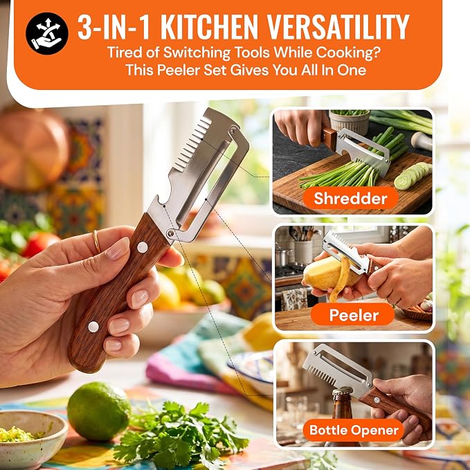 2Pcs Multifunctional Vegetable Peeler with Julienne Shredder, Bottle opener | Non-Slip Wooden Handle, 2-in-1 & 3-in-1 Sharp Stainless Steel Peeler Ideal For All Fruits, Veggie, Apple, Potato, Outdoor Use