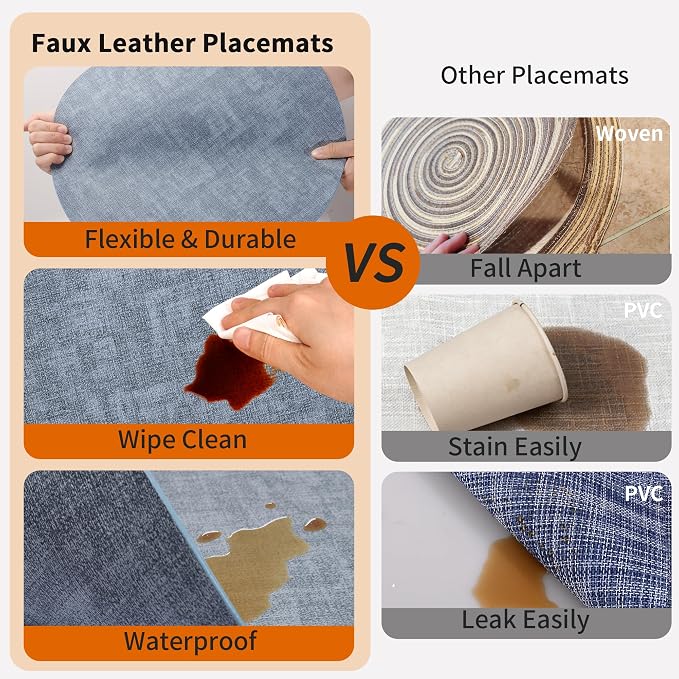 Maxpearl Faux Leather Round Placemats Set of 6, 13.8 inch, Blue | Waterproof, Heat Resistant, Non Slip, Wipe Clean Dining Table Place Mats, Suitable for Indoor & Outdoor Use, Table Settings