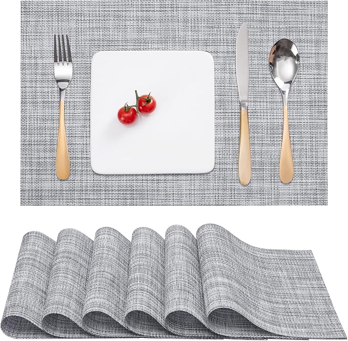 Myir JUN Placemats Set of 6 Kitchen and Dining Table Placemats | Vinyl Placemats Place Mats Indoor/Outdoor Set of 6 Washable Table Mats Non-Slip Place mats for Dining Table, Gray