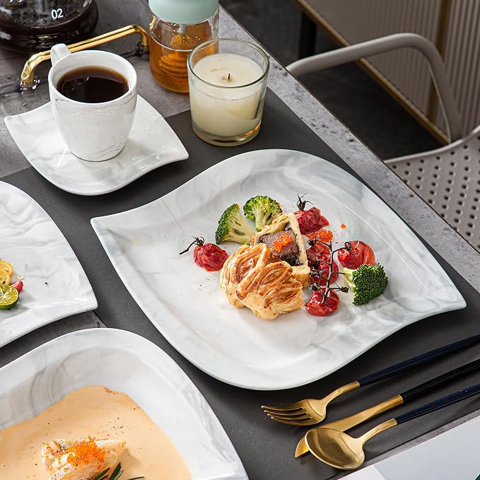 MALACASA 30 Piece Porcelain Dinnerware Set, Marble Grey for 6 | Complete with Plates, Bowls, Cups, Saucers, Microwave Oven and Dishwasher Safe Porcelain, Modern Square Design, Service for 6
