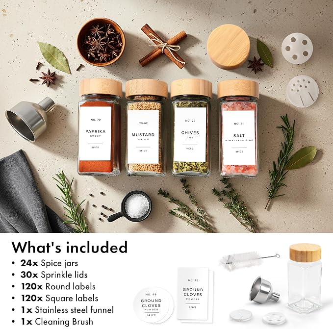 Glass Spice Jars with Label, 24x Bamboo Wooden Lids - White Labels | Airtight Lids keep spices fresh, Kitchen Spice Drawer Organizer, 4oz Seasoning Containers incl. Funnel, Brush & 240 Labels