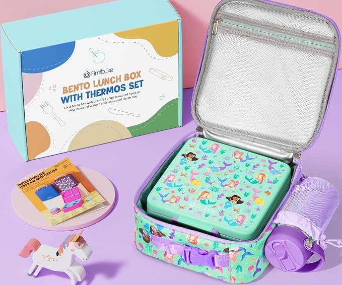 Fimibuke Bento Box for Kids Adult - Leakproof 3-4 Compartments Lunch Bento Box Set with Insulated Food Jar, Water Bottle, Lunch Bag, Sauce Cup & Cutlery for Toddler Teen Shcool Girl Boy Age 3+