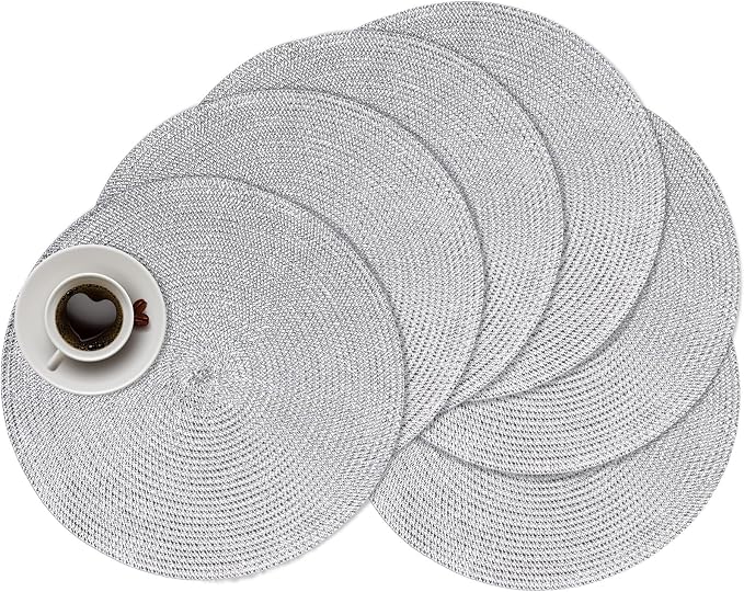 Zupro Round Silvery Placemats Set of 6 Braided 15" Indoor/Outdoor Use | Heat Resistant Non-Slip Washable,for Kitchen Dining Tables Dinner Parties Thanksgiving Christmas and Everyday Use.