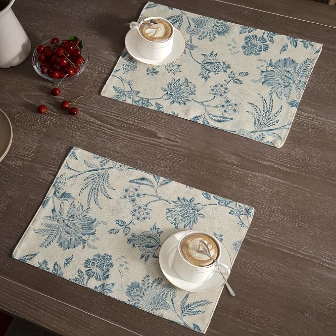 JINCHAN Sliva Linen Floral Placemats Set of 4 Farmhouse 13x19 Inch Blue | Fabric Placemats, Cottage Style, Painterly Floral Pattern, Machine Washable, Easy to Store, Reusable