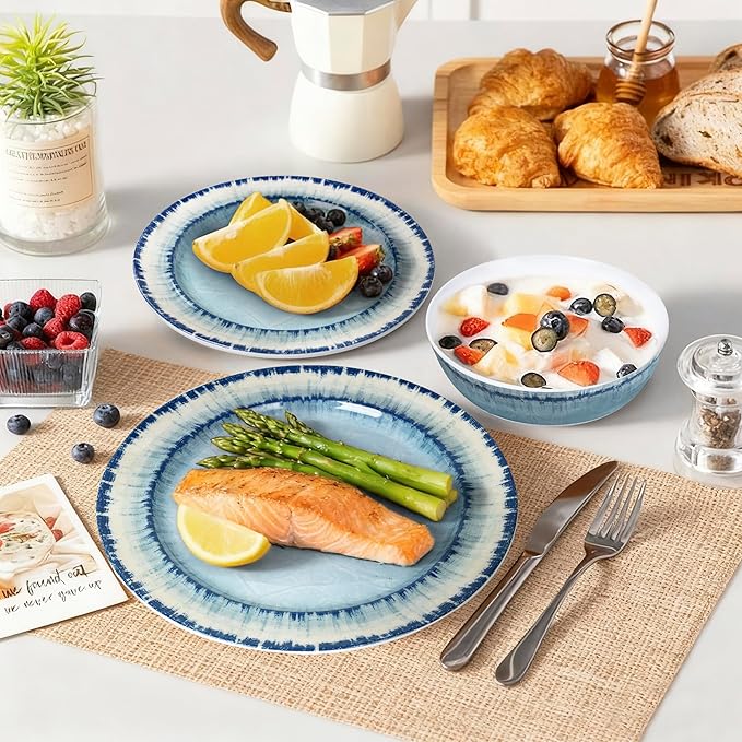 Melamine Dinnerware Set of 18 Pcs Dinner Dishes Set, Lightweight Unbreakable for Indoor and Outdoor Use, BPA Free, Dishwasher Safe, Light Blue