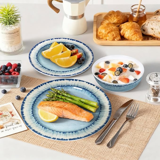 Melamine Dinnerware Set of 12 Pcs Dinner Dishes Set for Indoor and Outdoor Use, Dishwasher Safe, Lightweight Unbreakable, BPA Free, Light Blue