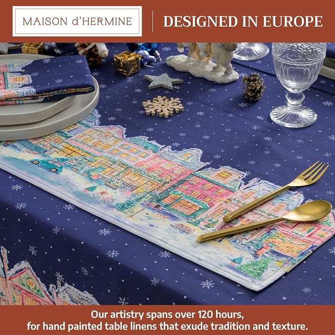 Maison d' Hermine Placemats Set of 4 Reusable 100% Cotton (13"x19") | Cloth Place Mats Washable Table Mats for Kitchen Dining Party Wedding Home Thanksgiving Christmas - Christmas Market - Blue