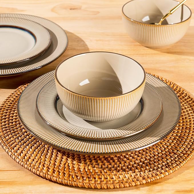 GBHOME Ceramic Dinnerware Sets of 8,24 pcs Plates and Bowls Sets Dishes | Embossed Elegant Stoneware Dishes Set | Dishwasher & Microwave Safe | Service for 4