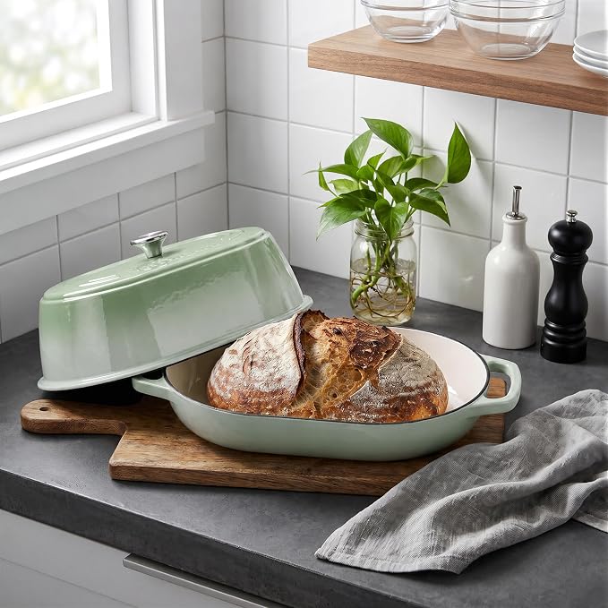 Enameled Cast Iron Dutch Oven Pot with Dome Lid, Oval Bread Oven for Homemade Sourdough Bread Baking, Oven Safe up to 500°F, 6 Quart, Green
