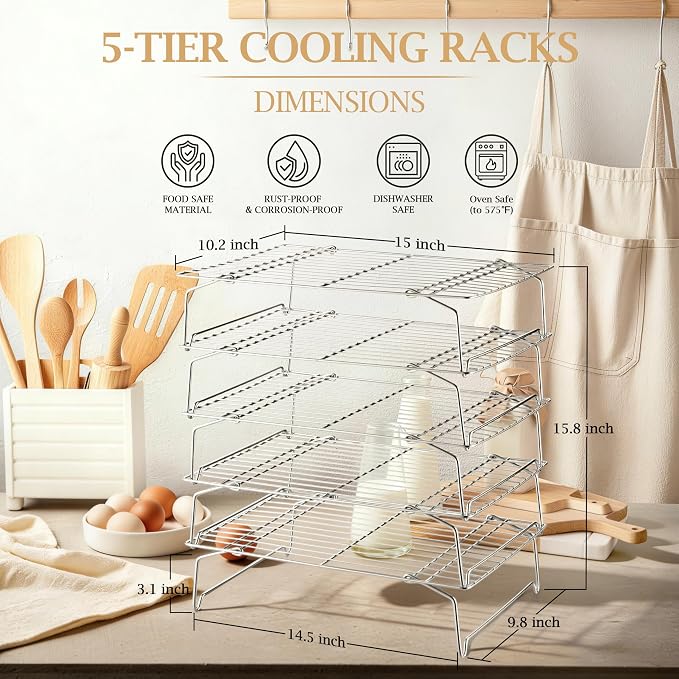 LIANYU Cooling Rack 15"x10", 5-Tier Stackable & Collapsible Cooling Racks | Stainless Steel Wire Baking Racks Fits Jelly Roll Pan, Great for Cooking, Baking, Roasting, Grilling, Oven & Dishwasher Safe