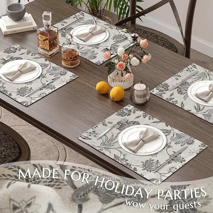 JINCHAN Sliva Linen Floral Placemats Set of 4 Farmhouse 13x19 Inch Grey | Fabric Placemats, Cottage Style, Painterly Floral Pattern, Machine Washable, Easy to Store, Reusable