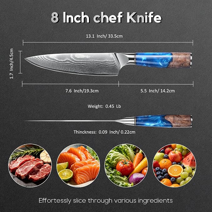 Damascus High Carbon Chefs Knife Ergonomic Handle(8In,BlueResin) | Japanese 67 Layers High Carbon Steel, Professional High-Class Ultra Sharp Cooking Knives Family & Restaurant, Gift Box