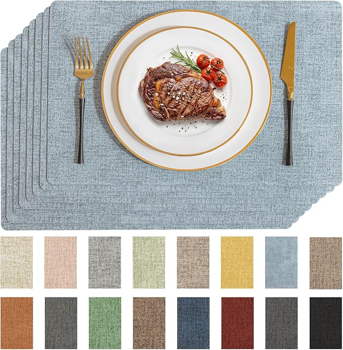 Romanstile Vinyl Placemats Set of 8-12 X 18 Inch - Heat Resistant Place Mats 100% Waterproof Oilproof Wipeable Reversible Faux Leather Table Mats for Kitchen/Dining/Party/Outdoor, Sky Blue