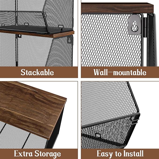 Litwaro Fruit Basket Wire Baskets with Wood Lid, Wall Mounted Produce Basket for Snack, Fruit and Vegetable Storage, Countertop Onion and Potato Storage, 3 Pack Stackable Kitchen Counter Organizer