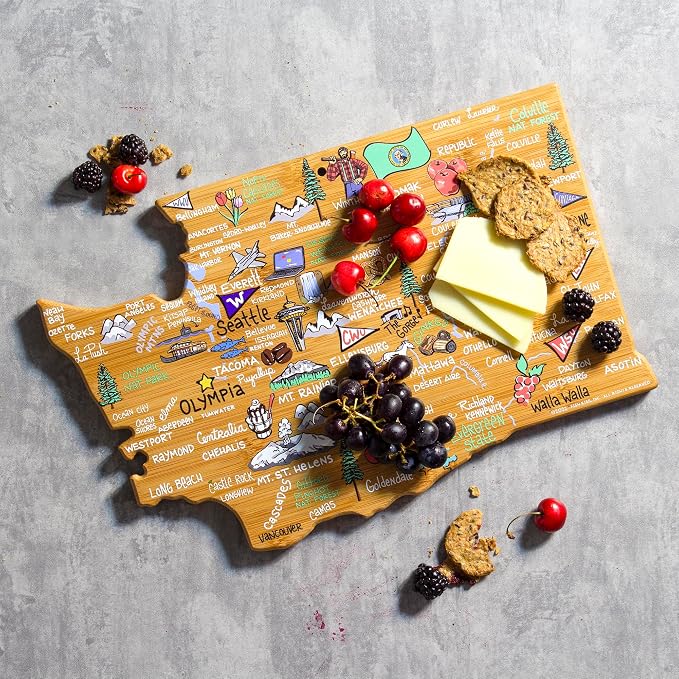 Totally Bamboo Washington State Shaped Cutting Board, Art by Fish Kiss | State charcuterie board with colorful hand-drawn map artwork. Smooth reverse side for food prep. Hang tie for wall display.