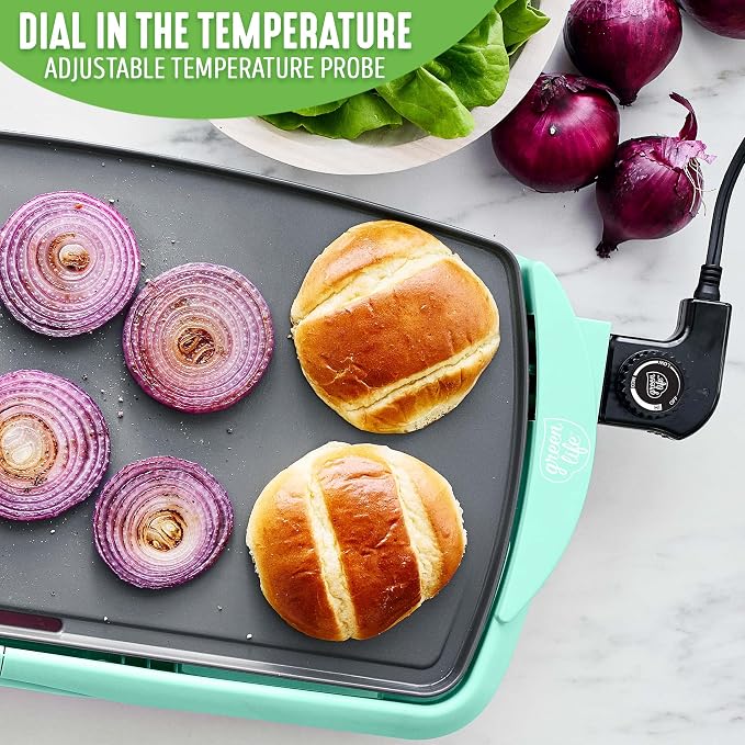 GreenLife 20" Extra Large Electric Griddle, Turquoise | PFAS-Free Ceramic Nonstick Coating, Temperature Control, Removable Dishwasher Safe Drip Tray, Pancakes, Eggs, Omelet, Burgers
