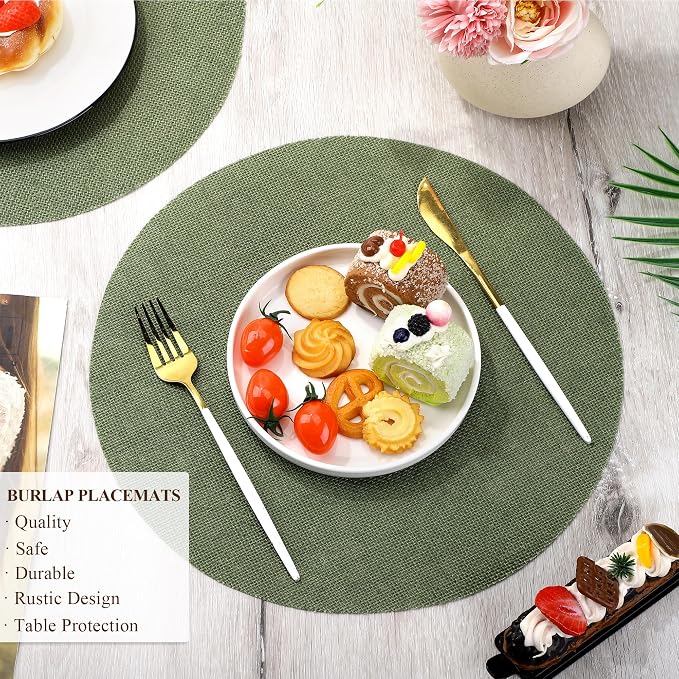 Aneco 50 Pieces Round Burlap Placemats 13.78 Inch Reusable Sage Green Table Mats Heat Resistant Natural Jute Fibers Placemats Burlap Circle Rustic Table Decorations for Dinner Holiday Farmhouse Decor