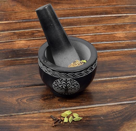 Tree of Life Natural Stone Mortar & Pestle Mortar Diameter- 3.75"x 2.75" Pestle-5" x 1.5"