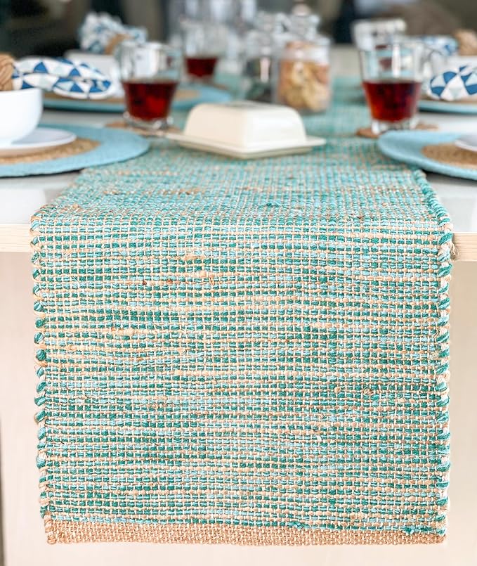 Natural Jute Table Runner 13x108 Inch – Vintage Boho Rustic Table Decor – Handwoven Long Table Runner in Natural Jute and Aqua Turquoise – Farmhouse Dining or Console Table Accent