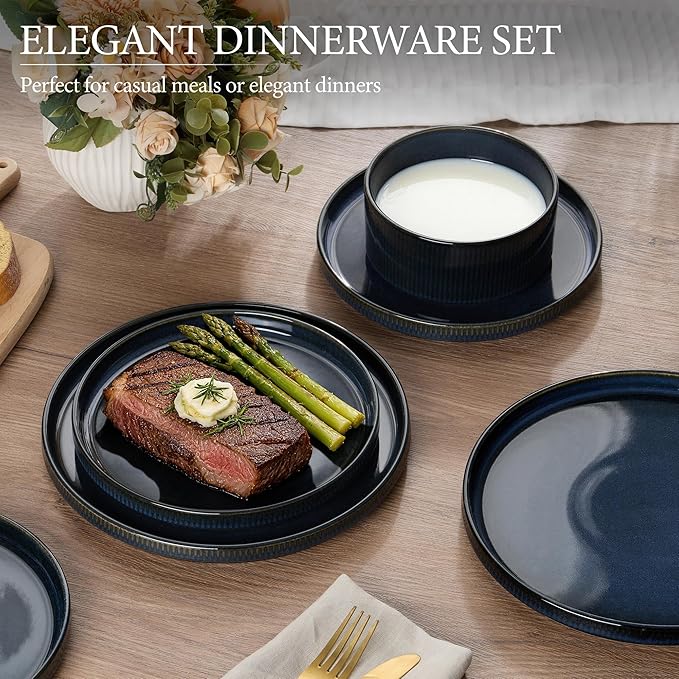 E-far 12-Piece Plates and Bowls Sets, Stoneware Dinnerware Dishes Sets for 4, Kitchen Modern Dining Dishware, Chip & Scratch Resistant, Microwave & Dishwasher Safe, Midnight Blue