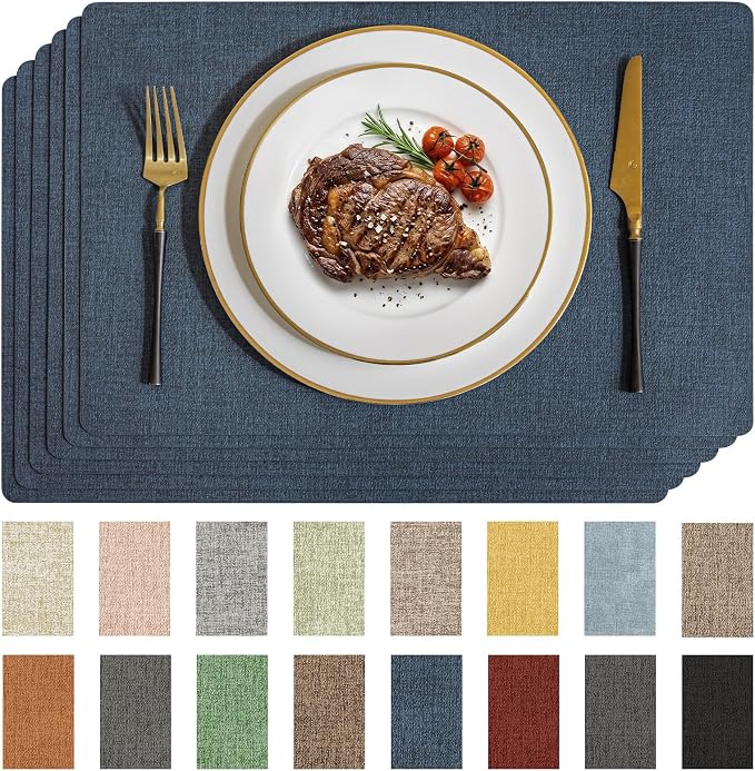 Romanstile Vinyl Placemats Set of 6-12 X 17 Inch - Faux Leather 100% Waterproof Wipeable Anti Slip Place Mats, Heat Resistant Reversible PU Table Mats for Kitchen Dining Party Outdoor, Navy Blue