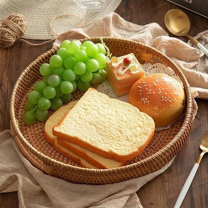 2 Pack Round Rattan Tray, Hand Woven Serving Tray with Handles, Wicker Serving Basket, Decorative Tray for Home Decor, Natural (11.8 + 14 inch)