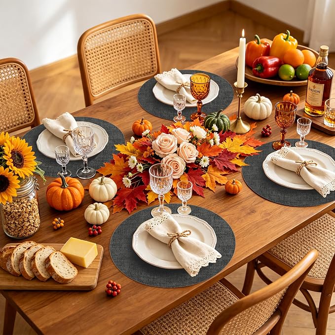 Maxpearl Faux Leather Round Placemats Set of 6, 13.8 inch, Dark Grey | Waterproof, Heat Resistant, Non Slip, Wipe Clean Dining Table Place Mats, Suitable for Indoor & Outdoor Use, Table Settings