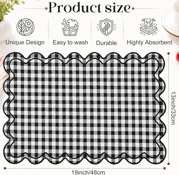 Linen Placemats Set of 12 Scalloped Placemat 13 X19 Wavy Embroidery Double Layered Washable Farmhouse Dinner Fabric Table Mat Napkin for Wedding Party Restaurant(Plaid,Black and White)