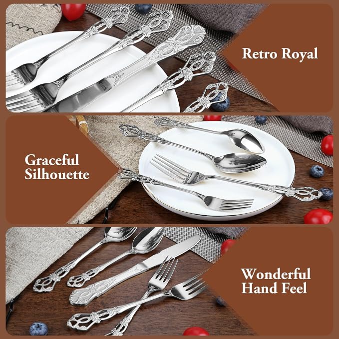Silverware Set, 30 Pieces Retro Royal Silverware Set for 6, Baroque-Style Stainless Steel Flatware Set Including Fork Spoon and Knife, Dishwasher Safe, Silver