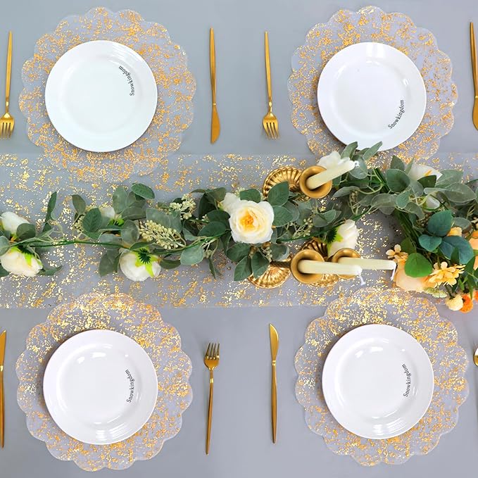 Snowkingdom Gold Placemats Set of 50, Gold Metallic Mesh Glitter Foil Floral Scalloped 13" Round Disposable Doilies for Dinning Table Fall Wedding Birthday Party Thanksgiving Christmas Decorations